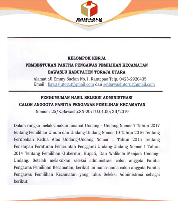 PENGUMUMAN HASIL SELEKSI ADMINISTARSI CALON ANGGOTA PANITIA PENGAWAS PEMILIHAN KECAMATAN