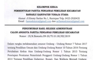 PENGUMUMAN HASIL SELEKSI ADMINISTARSI CALON ANGGOTA PANITIA PENGAWAS PEMILIHAN KECAMATAN